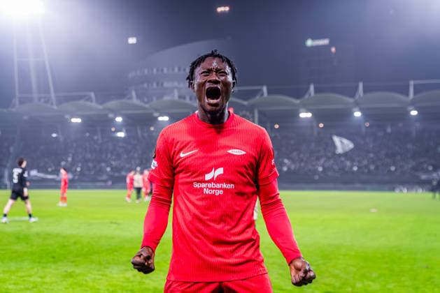 STURM GRAZ - BRANN BERGEN Player of Brann Nana Kwame Boakye celebrates their qualification to the knockout stage after the league phase of UEFA Europa league football match between SK Sturm Graz and SK Brann Bergen. Graz, Austria, January 29, 2026. Photo by Branislav Racko Copyright: xx _BRR0664