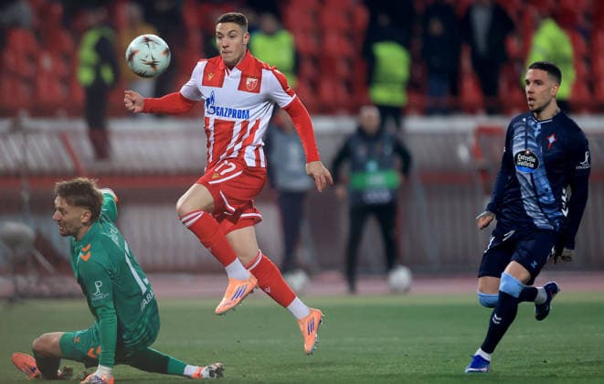 29.01.2026 Belgrade Beograd FK Crvena Zvezda(FC Red Star)- Real Club Celta Vigo men s football Europa league Bruno Duarte (C) Crvena Zvezda(Red Star) scores goal postize gol between Iounut Radu(L), Mihailo Ristic(R D) RC Celta :