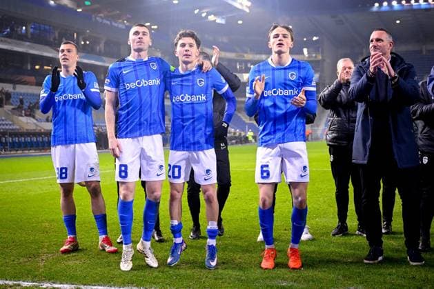 KRC Genk v Malmo - UEFA Europa League GENK, BELGIUM - JANUARY 29 : Heymans Daan midfielder of KRC Genk, Heynen Bryan midfielder of KRC Genk, Karetsas Konstantinos midfielder of KRC Genk, Smets Matte defender of KRC Genk and Hayen Nicky head coach of KRC Genk after winning the UEFA Europa League 2025 26 League Phase MD8 match between KRC Genk and Malmo on January 29, 2026 in Genk, Belgium, 29 01 2026  Copyright: xTomasxSiskx