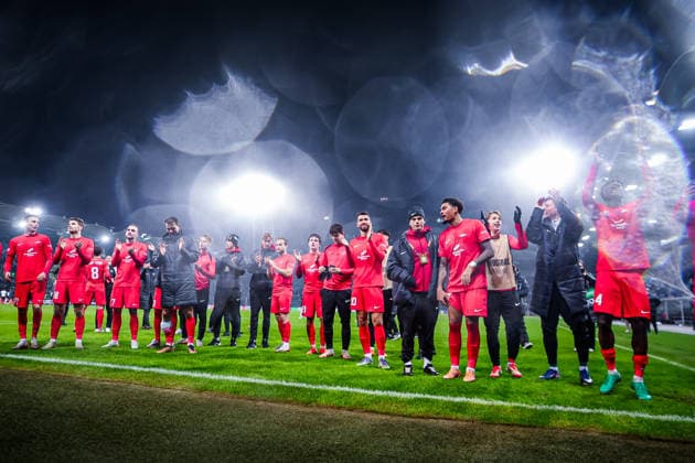 STURM GRAZ - BRANN BERGEN Players of Brann XY celebrate their qualification to the knockout stage after the league phase of UEFA Europa league football match between SK Sturm Graz and SK Brann Bergen. Graz, Austria, January 29, 2026. Photo by Branislav Racko Copyright: xx 080A1373