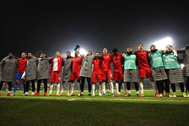 Braga players celebrate going to the next round during the match Go Ahead Eagles vs Braga at the De Adelaarshorst for the UEFA Europa League season 2025-2026 in DEVENTER, Netherlands on 29 january 2026 (Photo by Peter Lous EYE4IMAGES) -