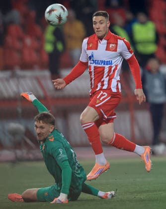 29.01.2026 Belgrade Beograd FK Crvena Zvezda(FC Red Star)- Real Club Celta Vigo men s football Europa league Bruno Duarte (R D) Crvena Zvezda(Red Star) scores goal postize gol between Ionut Radu(L) RC Celta :