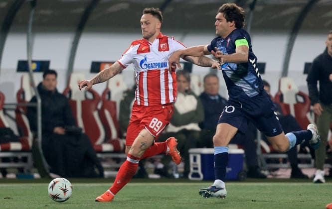 29.01.2026 Belgrade Beograd FK Crvena Zvezda(FC Red Star)- Real Club Celta Vigo men s football Europa league Marko Arnautovic (L) Crvena Zvezda(Red Star), Alonso Marcos(R D) RC Celta :
