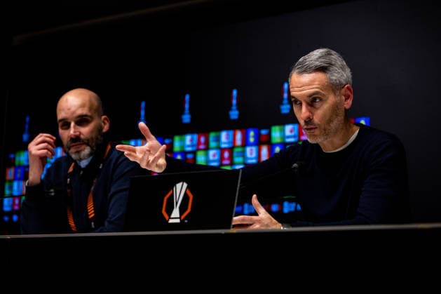 DEVENTER, NETHERLANDS - JANUARY 29: SC Braga head coach Carlos Vicens attends a press conference, PK, Pressekonferenz after the UEFA Europa League 2025 26 League Phase MD8 match between Go Ahead Eagles and SC Braga at Stadion De Adelaarshorst on January 29, 2026 in Deventer, Netherlands. (Photo by Rene Nijhuis) SPO  Copyright: xRenexNijhuis