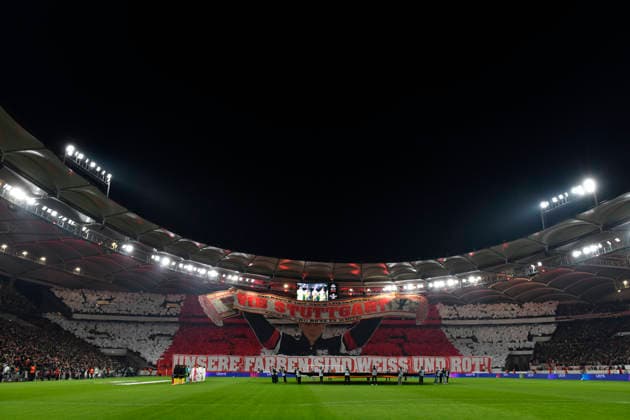 vor Spielbeginn: Choreo, Choreographie, Fanaktion VfB Stuttgart Cannstatter Kurve VfB Stuttgart vs Young Boys Bern YB EUROPA LEAGUE EL 29.01.2026 DFL REGULATIONS PROHIBIT ANY USE OF PHOTOGRAPHS AS IMAGE SEQUENCES AND OR QUASI-VIDEO VfB Stuttgart vs Young Boys Bern YB