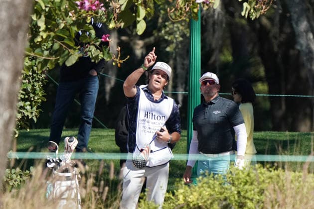 January 29, 2026, Orlando, Florida, USA: Kevin Millar (R) and his caddie discuss a shot near the 9th green during the first round of the 2026 Hilton Grand Vacations Tournament of Champions at Lake Nona Golf & Country Club. Orlando USA - ZUMAw109 20260129_fap_w109_011 Copyright: xDebbyxWongx
