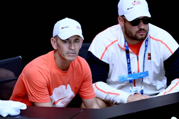 TENNIS AUSTRALIAN OPEN, Samuel Samu Lopez (2nd from right) the head coach of Carlos Alcaraz of Spain looks on during his men™s semifinal against Alexander Zverev of Germany on day 13 of the 2026 Australian Open tennis tournament at Melbourne Park in Melbourne, Friday, January 30, 2026. ( NO ARCHIVING MELBOURNE VICTORIA AUSTRALIA  Copyright: xJOELxCARRETTx 20260130182801894647
