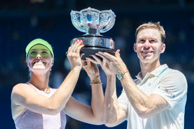 (260130) -- MELBOURNE, Jan. 30, 2026 -- Olivia Gadecki (L) John Peers pose with the trophy after winning the mixed doubles final match between Olivia Gadecki John Peers of Australia and Kristina Mladenovic Manuel Guinard of France at the Australian Open tennis tournament in Melbourne, Australia, Jan. 30, 2026. (Photo by Xinhua) (SP)AUSTRALIA-MELBOURNE-TENNIS-AUSTRALIAN OPEN-MIXED DOUBLES-FINAL HuxJingchen 