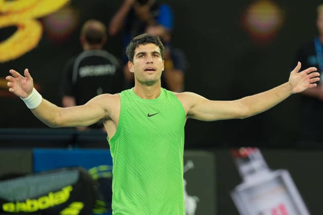 January 30, 2026: 1st seed CARLOS ALCARAZ of Spain celebrates after defeating 3rd seed ALEXANDER ZVEREV of Germany on Rod Laver Arena in a Men s Singles Semifinals match on day 13 of the 2026 Australian Open in Melbourne, Australia. Cal Media Melbourne Australia - ZUMAc04_ 20260130_faf_c04_024 Copyright: xSydneyxLowx