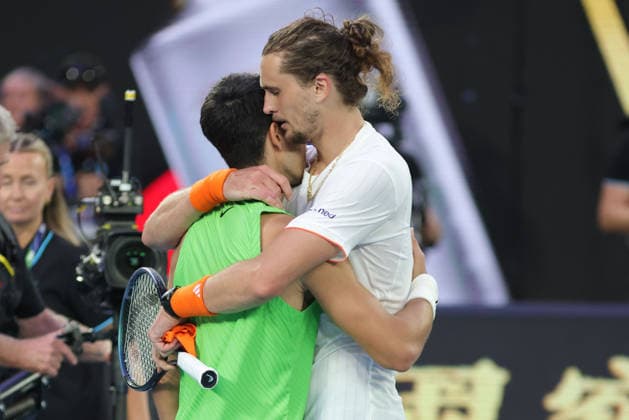Carlos Alcaraz, ESP, and Alexander Zverev, GER, after semifinals at 2026 Australian Open in Melbourne, 30 01 2026; -