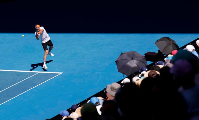(260130) -- MELBOURNE, Jan. 30, 2026 -- Alexander Zverev hits a return during the men s singles semifinal match between Carlos Alcaraz of Spain and Alexander Zverev of Germany at the Australian Open tennis tournament in Melbourne, Australia, Jan. 30, 2026. ) (SP)AUSTRALIA-MELBOURNE-TENNIS-AUSTRALIAN OPEN-MEN S SINGLES-SEMIFINAL MaxPing 