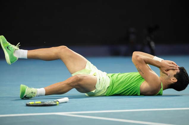 (260130) -- MELBOURNE, Jan. 30, 2026 -- Carlos Alcaraz reacts after the men s singles semifinal match between Carlos Alcaraz of Spain and Alexander Zverev of Germany at the Australian Open tennis tournament in Melbourne, Australia, Jan. 30, 2026. (Photo by Xinhua) (SP)AUSTRALIA-MELBOURNE-TENNIS-AUSTRALIAN OPEN-MEN S SINGLES-SEMIFINAL HuxJingchen 