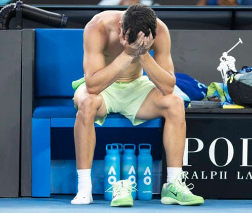 (260130) -- MELBOURNE, Jan. 30, 2026 -- Carlos Alcaraz reacts after the men s singles semifinal match between Carlos Alcaraz of Spain and Alexander Zverev of Germany at the Australian Open tennis tournament in Melbourne, Australia, Jan. 30, 2026. (Photo by Xinhua) (SP)AUSTRALIA-MELBOURNE-TENNIS-AUSTRALIAN OPEN-MEN S SINGLES-SEMIFINAL HuxJingchen 