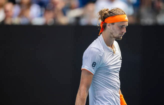(260130) -- MELBOURNE, Jan. 30, 2026 -- Alexander Zverev is seen during the men s singles semifinal match between Carlos Alcaraz of Spain and Alexander Zverev of Germany at the Australian Open tennis tournament in Melbourne, Australia, Jan. 30, 2026. (Photo by Xinhua) (SP)AUSTRALIA-MELBOURNE-TENNIS-AUSTRALIAN OPEN-MEN S SINGLES-SEMIFINAL HuxJingchen 