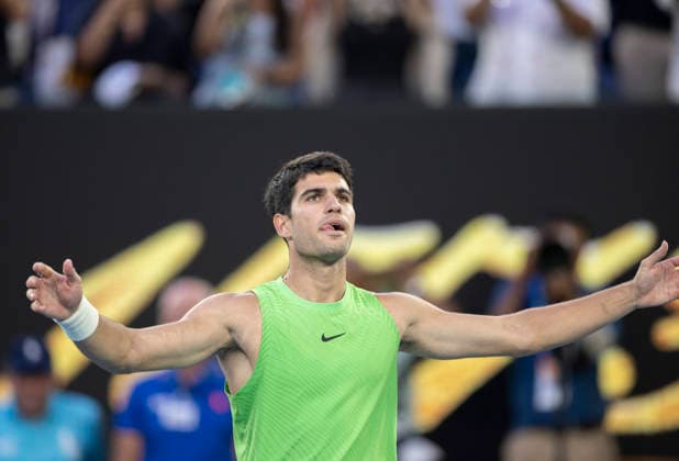 (260130) -- MELBOURNE, Jan. 30, 2026 -- Carlos Alcaraz reacts after the men s singles semifinal match between Carlos Alcaraz of Spain and Alexander Zverev of Germany at the Australian Open tennis tournament in Melbourne, Australia, Jan. 30, 2026. (Photo by Xinhua) (SP)AUSTRALIA-MELBOURNE-TENNIS-AUSTRALIAN OPEN-MEN S SINGLES-SEMIFINAL HuxJingchen 