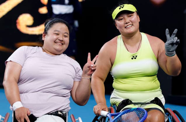 (260130) -- MELBOURNE, Jan. 30, 2026 -- Wang Ziying (L) Li Xiaohui react after the women s wheelchair doubles final between Wang Ziying Li Xiaohui (China) and Zhu Zhenzhen (China) Kamiji Yui (Japan) at the Australian Open tennis tournament in Melbourne, Australia, Jan. 30, 2026. ) (SP)AUSTRALIA-MELBOURNE-TENNIS-AUSTRALIAN OPEN-WOMEN S WHEELCHAIR DOUBLES-FINAL MaxPing 