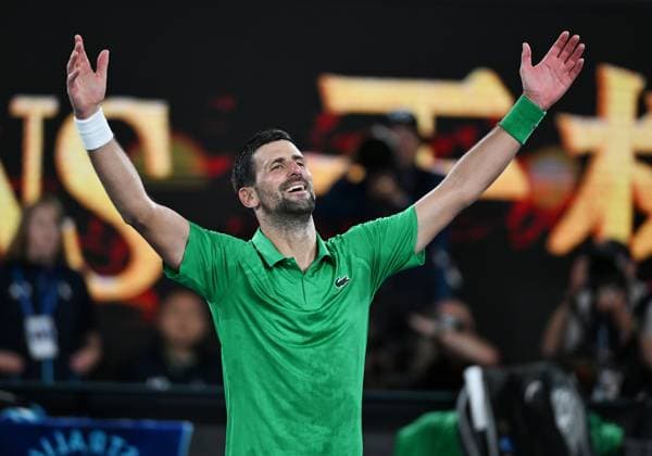 (260130) -- MELBOURNE, Jan. 30, 2026 -- Novak Djokovic reacts after the men s singles semifinal match between Novak Djokovic of Serbia and Jannik Sinner of Italy at the Australian Open tennis tournament in Melbourne, Australia, Jan. 31, 2026. (Photo by Xinhua) (SP)AUSTRALIA-MELBOURNE-TENNIS-AUSTRALIAN OPEN-MEN S SINGLES-SEMIFINAL WangxShen 