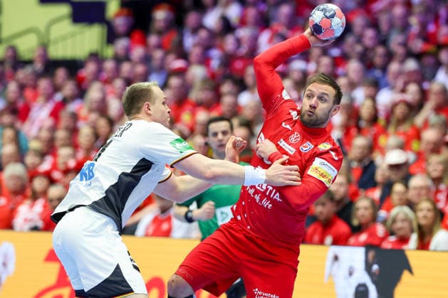 Croatia v Germany - MenÂ s EHF EURO 2026 HERNING, DENMARK - JANUARY 30: Justus Fischer, Bojan Lah, Luka Cindric during the Men s EHF Euro 2026 Semi Finals match between Croatia and Germany at Jyske Bank Boxen Herning Arena on January 30 2026 in Herning, Denmark.  SanjinxStrukic PIXSELL