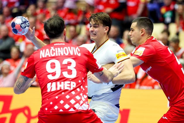 Croatia v Germany - MenÂ s EHF EURO 2026 HERNING, DENMARK - JANUARY 30: Julian Koster, Mateo Maras during the Men s EHF Euro 2026 Semi Finals match between Croatia and Germany at Jyske Bank Boxen Herning Arena on January 30 2026 in Herning, Denmark.  SanjinxStrukic PIXSELL