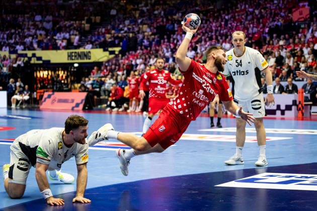 HERNING, DENMARK - JANUARY 30: Zlatko Rauzan (Croatia, 23) in attack during the EHF EURO 2026 Semifinal 1 match between Germany vs Croatia at Jyske Bank Boxen Arena on January 30, 2026 in Herning, Denmark. Midtjylland Denmark Copyright: xMarioxM.xKobergx