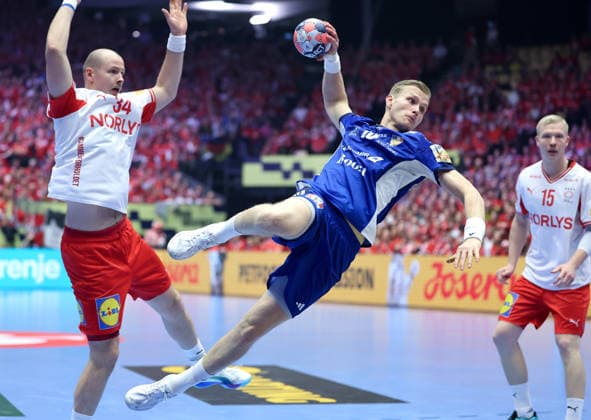 Denmark v Iceland - MenÂ s EHF EURO 2026 HERNING, DENMARK - JANUARY 30: Simon Hald, Ellidi Vidarsson during the Men s EHF Euro 2026 Semi Finals match betweenDenmark and Iceland at Jyske Bank Boxen Herning Arena on January 30 2026 in Herning, Denmark.  SanjinxStrukic PIXSELL