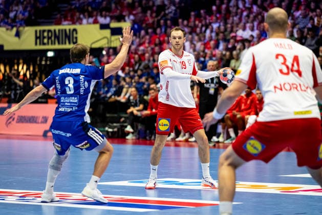 HERNING, DENMARK - JANUARY 30: Mathias Gidsel (Denmark, 19) in attack during the EHF EURO 2026 Semifinal 2 match between Denmark vs Iceland at Jyske Bank Boxen Arena on January 30, 2026 in Herning, Denmark. Midtjylland Denmark Copyright: xMarioxM.xKobergx