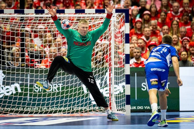 HERNING, DENMARK - JANUARY 30: Emil Nielsen (Denmark, 12) against Viggo Kristjansson (Iceland, 07) during the EHF EURO 2026 Semifinal 2 match between Denmark vs Iceland at Jyske Bank Boxen Arena on January 30, 2026 in Herning, Denmark. Midtjylland Denmark Copyright: xMarioxM.xKobergx