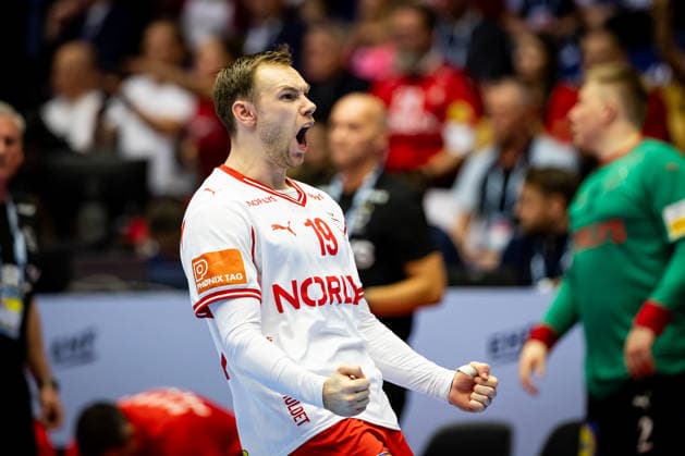 HERNING, DENMARK - JANUARY 30: celebration goal celebration Mathias Gidsel (Denmark, 19) during the EHF EURO 2026 Semifinal 2 match between Denmark vs Iceland at Jyske Bank Boxen Arena on January 30, 2026 in Herning, Denmark. Midtjylland Denmark Copyright: xMarioxM.xKobergx
