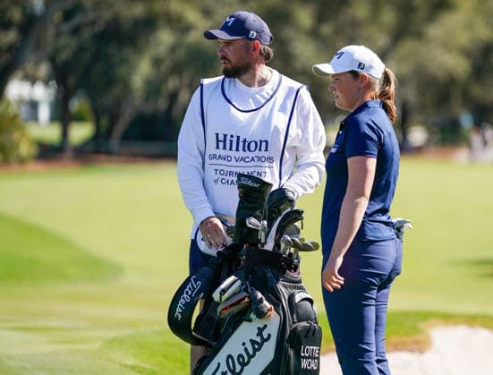 January 30, 2026, Orlando, Florida, USA: Lottie Woad (R) and her caddie wait on the 9th green during the second round of the 2026 Hilton Grand Vacations Tournament of Champions at Lake Nona Golf & Country Club. Orlando USA - ZUMAw109 20260130_fap_w109_011 Copyright: xDebbyxWongx