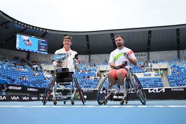 TENNIS AUSTRALIAN OPEN, Niels Vink of the Netherlands with the winners trophy following his win in the quad wheelchair final over Sam Schroder of the Netherlands hold the runners up trophy on day 14 of the 2026 Australian Open tennis tournament at Melbourne Park in Melbourne, Saturday, January 31, 2026. ( NO ARCHIVING MELBOURNE VICTORIA AUSTRALIA  Copyright: xJAMESxROSSx 20260131189938462084