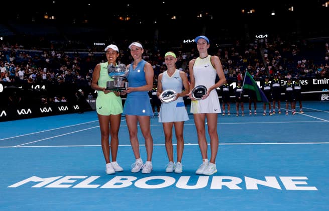 (260131) -- MELBOURNE, Jan. 31, 2026 -- Zhang Shuai (1st L) Elise Mertens (2nd L) and Anna Danilina (1st R) Aleksandra Krunic pose for photos during the awarding ceremony for the women s doubles final match between Zhang Shuai (China) Elise Mertens (Belgium) and Anna Danilina (Kazakhstan) Aleksandra Krunic (Serbia) at the Australian Open tennis tournament in Melbourne, Australia, Jan. 31, 2026. ) (SP)AUSTRALIA-MELBOURNE-TENNIS-AUSTRALIAN OPEN-WOMEN S DOUBLES-FINAL MaxPing 