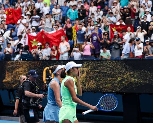 (260131) -- MELBOURNE, Jan. 31, 2026 -- Zhang Shuai (1st R) Elise?Mertens (2nd R) celebrate winning the women s doubles final match between Zhang Shuai (China) Elise Mertens (Belgium) and Anna Danilina (Kazakhstan) Aleksandra Krunic (Serbia) at the Australian Open tennis tournament in Melbourne, Australia, Jan. 31, 2026. ) (SP)AUSTRALIA-MELBOURNE-TENNIS-AUSTRALIAN OPEN-WOMEN S DOUBLES-FINAL MaxPing 