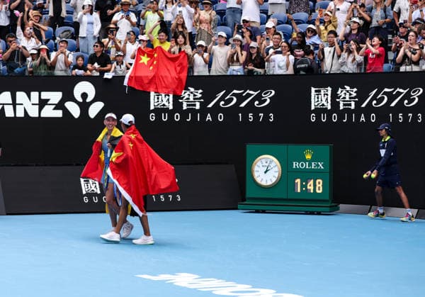 (260131) -- MELBOURNE, Jan. 31, 2026 -- Zhang Shuai (front C) Elise Mertens (front L) celebrate winning the women s doubles final match between Zhang Shuai (China) Elise Mertens (Belgium) and Anna Danilina (Kazakhstan) Aleksandra Krunic (Serbia) at the Australian Open tennis tournament in Melbourne, Australia, Jan. 31, 2026. ) (SP)AUSTRALIA-MELBOURNE-TENNIS-AUSTRALIAN OPEN-WOMEN S DOUBLES-FINAL MaxPing 