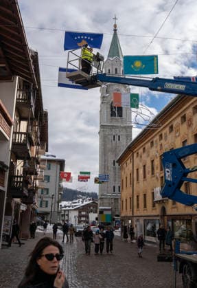 January 30, 2026, Cortina D ampezzo, Belluno, Italy: International flags are hung all ng the walking street with only a few days until the start of the 2026 Milano Cortina Winter Olympics. A buzz of frantic last minute construction, preparations and excitement is noticeable in the venues and village of Cortina dÃ¢â‚¬â ¢Ampezzo Thursday, January 30, 2026.With only a few days until the start of the 2026 Milano Cortina Winter Olympics a buzz of frantic last minute construction and excitement is noticeable in the venues and village of Cortina dÃ¢â‚¬â ¢Ampezzo Thursday, January 30, 2026. Cortina D ampezzo Italy - ZUMAa35_ 20260130_oly_a35_003 Copyright: xDanxAndersonx