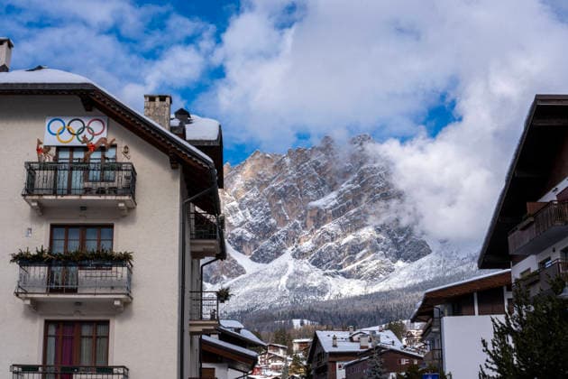 January 30, 2026, Cortina D ampezzo, Belluno, Italy: Olympic spirit can be seen above a balcony with only a few days until the start of the 2026 Milano Cortina Winter Olympics. A buzz of frantic last minute construction, preparations and excitement is noticeable in the venues and village of Cortina dÃ¢â‚¬â ¢Ampezzo Thursday, January 30, 2026. Cortina D ampezzo Italy - ZUMAa35_ 20260130_oly_a35_007 Copyright: xDanxAndersonx