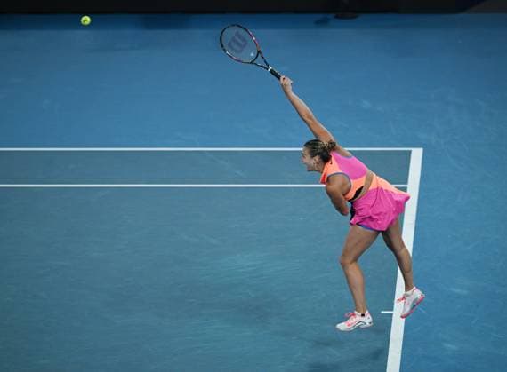 (260131) -- MELBOURNE, Jan. 31, 2026 -- Aryna Sabalenka serves during the women s singles final between Elena Rybakina of Kazakhstan and Aryna Sabalenka of Belarus at the Australian Open tennis tournament in Melbourne, Australia, Jan. 31, 2026. (Photo by Xinhua) (SP)AUSTRALIA-MELBOURNE-TENNIS-AUSTRALIAN OPEN-WOMEN S SINGLES-FINAL WangxShen 
