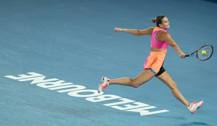 (260131) -- MELBOURNE, Jan. 31, 2026 -- Aryna Sabalenka hits a return during the women s singles final between Elena Rybakina of Kazakhstan and Aryna Sabalenka of Belarus at the Australian Open tennis tournament in Melbourne, Australia, Jan. 31, 2026. ) (SP)AUSTRALIA-MELBOURNE-TENNIS-AUSTRALIAN OPEN-WOMEN S SINGLES-FINAL MaxPing 