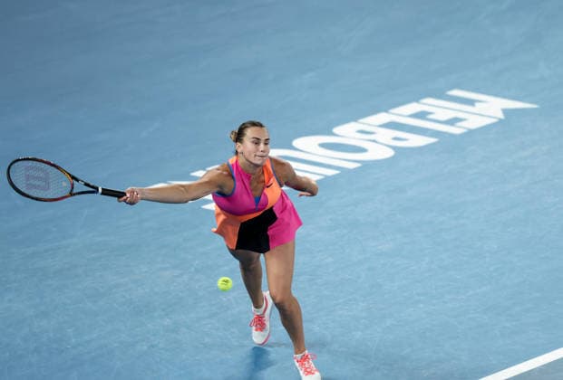 (260131) -- MELBOURNE, Jan. 31, 2026 -- Aryna Sabalenka hits a return during the women s singles final between Elena Rybakina of Kazakhstan and Aryna Sabalenka of Belarus at the Australian Open tennis tournament in Melbourne, Australia, Jan. 31, 2026. ) (SP)AUSTRALIA-MELBOURNE-TENNIS-AUSTRALIAN OPEN-WOMEN S SINGLES-FINAL MaxPing 