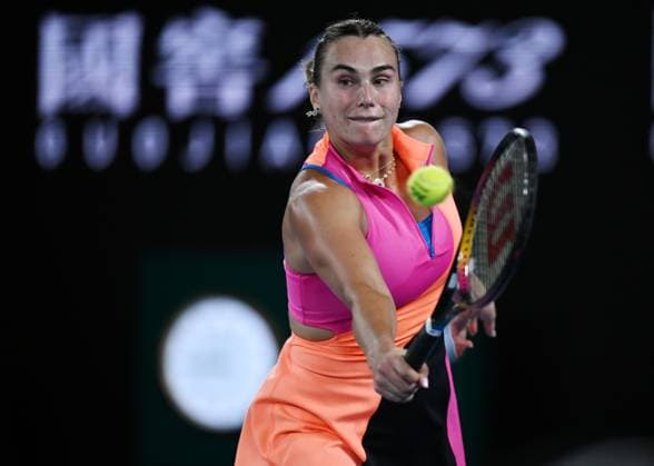 (260131) -- MELBOURNE, Jan. 31, 2026 -- Aryna Sabalenka hits a return during the women s singles final between Elena Rybakina of Kazakhstan and Aryna Sabalenka of Belarus at the Australian Open tennis tournament in Melbourne, Australia, Jan. 31, 2026. (Photo by Xinhua) (SP)AUSTRALIA-MELBOURNE-TENNIS-AUSTRALIAN OPEN-WOMEN S SINGLES-FINAL WangxShen 