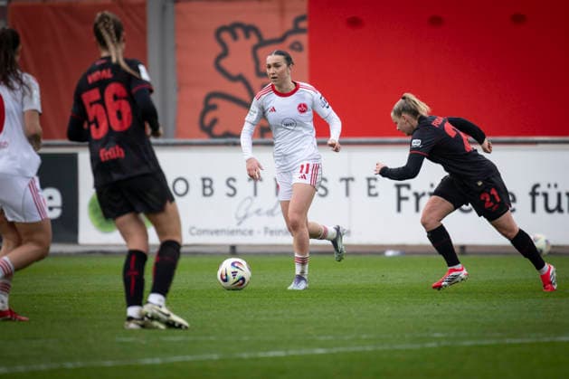 Frauen Fußball-Bundesliga; Bayer 04 Leverkusen - 1. FC Nürnberg, 31.01.2026 Lara Meroni (1. FC Nürnberg, 11); Bayer 04 Leverkusen - 1. FC Nürnberg an Spieltag 16 der Google Pixel Frauen-Bundesliga am 31.01.2026 im Ulrich-Haberland-Stadion in Leverkusen (Nordrhein-Westfalen). DFL REGULATIONS PROHIBIT ANY USE OF PHOTOGRAPHS AS IMAGE SEQUENCES AND OR QUASI-VIDEO. Copyright: xBEAUTIFULxSPORTS AxelxKohringx