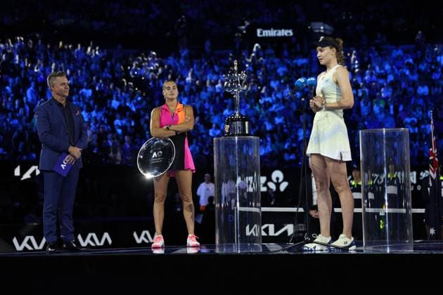 Elena Rybakina wins the Women s final match with runner up Aryna Sabalenka and Todd Woodbridge Australian Open tennis tournament, Day Fourteen, Melbourne Park, Australia - 31 Jan 2026Melbourne Melbourne Park Victoria (VIC) Australia  Copyright: xEllaxLing Shutterstockx 16455625ed
