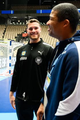 Herning: Handball EM 2026 - Media Day - Deutschland Johannes Golla (Deutschland), Mads Mensah Larsen Herning Jyske Bank Boxen Daenemark