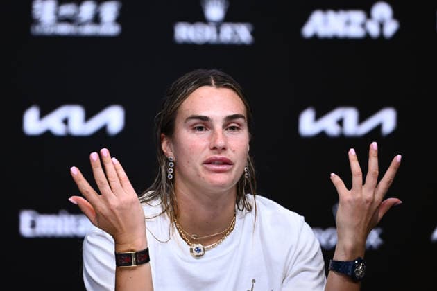 TENNIS AUSTRALIAN OPEN, Runner up Aryna Sabalenka of Belarus speaks at a press conference, PK, Pressekonferenz after loosing the women™s singles final against Elena Rybakina of Kazakhstan on day 14 of the 2026 Australian Open tennis tournament at Melbourne Park in Melbourne, Saturday, January 31, 2026. ( NO ARCHIVING MELBOURNE VICTORIA AUSTRALIA  Copyright: xJOELxCARRETTx 20260131157619860990