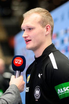 Herning: Handball EM 2026 - Media Day - Deutschland Torhueter David Späth David Spaeth (Deutschland) im TV2 Interview Herning Jyske Bank Boxen Daenemark
