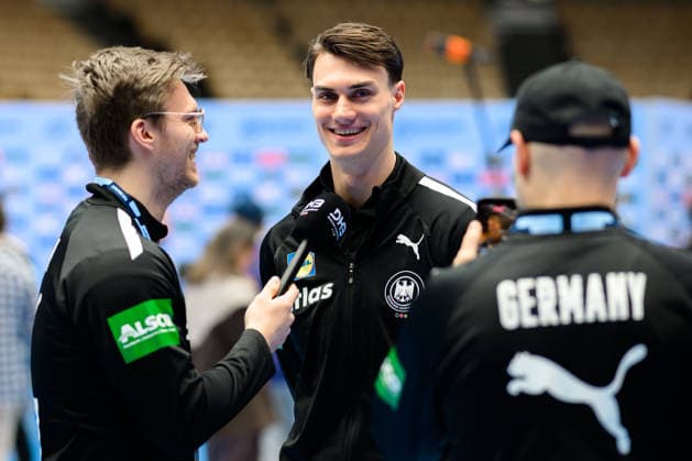Herning: Handball EM 2026 - Media Day - Deutschland v.li. Franz Semper (Deutschland), Miro Schluroff (Deutschland) Herning Jyske Bank Boxen Daenemark
