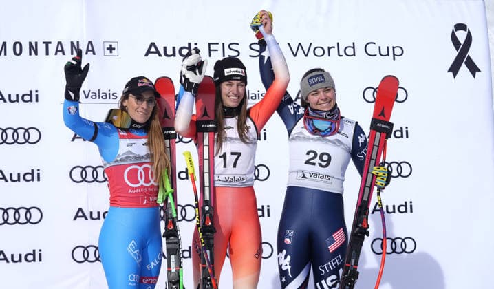 Foto IPP Pentaphoto - Crans-Montana 31-01-2026 - Coppa del Mondo di Sci Alpino SuperG - Gigante Femminile - Nella foto Malorie Blanc (SUI) - Sofia Goggia (ITA) - Breezy Johnson (USA) - italy ITALY  Copyright: xR4924_italyphotopressx