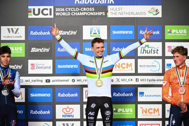 2026 UCI Cyclo-cross World Championships Picture by Simon Wilkinson SWpix.com - 30 01 2026 - Cycling - 2026 UCI Cyclo-cross World Championships - Hulst, Zeeland, Netherlands - Men™s Under 23 - Podium - Winner Aaron Dockx (Belgium) 2nd Aubin Sparfel (France) 3rd Keije Solen (Netherlands) Copyright: x xSWpix.comx(t axPhotographyxHubxLtd)xSimonxWilkinson SWpix.comx SWP-3176-0145