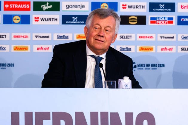 Herning: Handball EM 2026 - Media Day - Deutschland EHF Präsident Michael Wiederer Herning Jyske Bank Boxen Daenemark