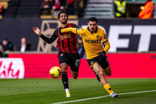 31st January 2026; Molineux Stadium, Wolverhampton, West Midlands, England; Premier League Football, Wolverhampton Wanderers versus Bournemouth; Andre of Wolverhampton Wanderers gets past Amine Adli of AFC Bournemouth  GodfreyxPitt Content restricted for UK based newspaper