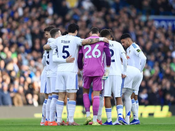 Leeds, England, 31st January 2026. Leeds United huddle during the Leeds United vs Arsenal Premier League match at Elland Road, Leeds. Picture credit should read: Jessica Hornby Sportimage EDITORIAL USE ONLY. No use with unauthorised audio, video, data, fixture lists, club league logos or live services. Online in-match use limited to 120 images, no video emulation. No use in betting, games or single club league player publications. SPI_044_JH_LEEDS_ARSENAL SPI-4494-0041